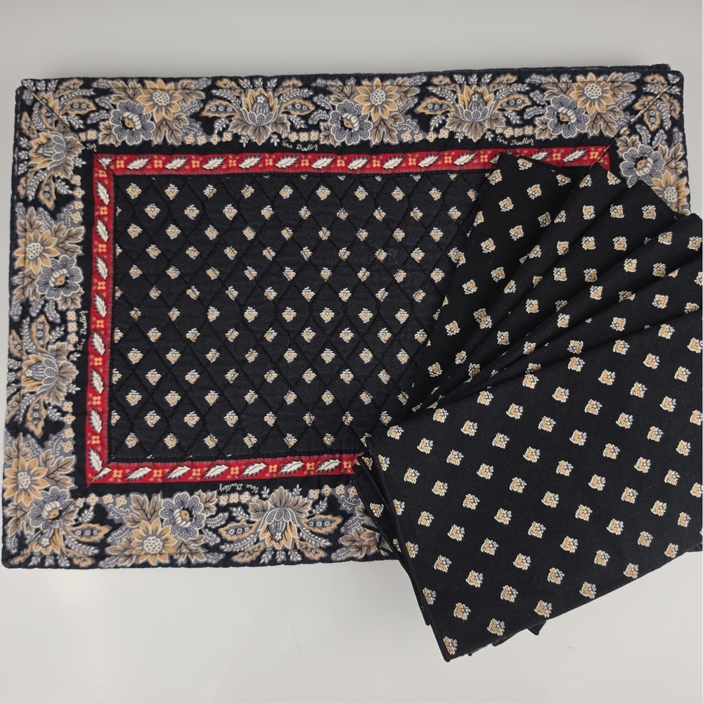 Vera Bradley Classic Black Retired 5 Placemats 6 Napkins Quilted Cotton Set